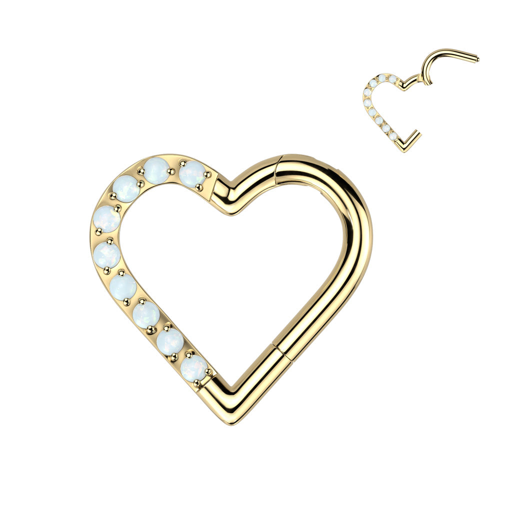 Implant Grade Titanium Hinged Segment Hoop Ring With Half Pave Opal Heart